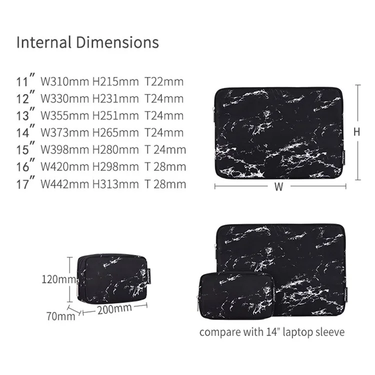 Canvasartisan H32-T0111 Patrón de Mármol Caja Delgada Portátil Para Portátiles de 15 Pulgadas Anti-Scratch Manga Bag Notebook Impermeable Capejario Con Bolsa Pequeña - Negro