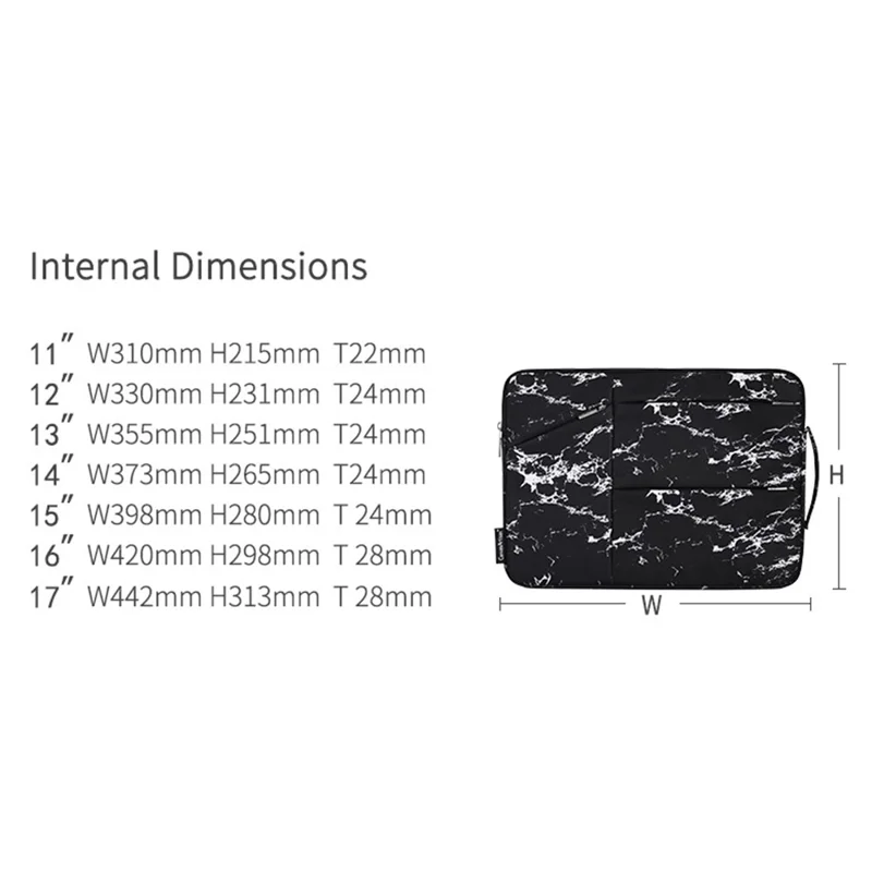CANVASARTISAN H32-58 Anti-Scratch Marble Pattern Slim Case for 13 inch Laptops Portable Sleeve Bag with 3-Pouches/Handle Strap Notebook Waterproof Carry Case - Black