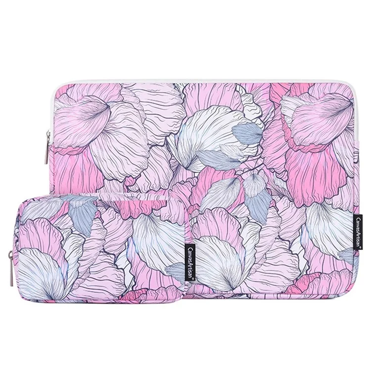 CANVASARTISAN G56-T0111 Flower Printed PU Leather 15-inch Notebook Bag Laptop Sleeve with Small Bag