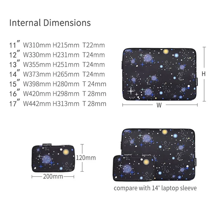 Canvasartisan H16-T0121 11 Pulgadas Laptop Tablet PU Manga De Cuero Starry Sky Patrón Cuaderno Bolsa De Cremallera Con Bolsa Pequeña