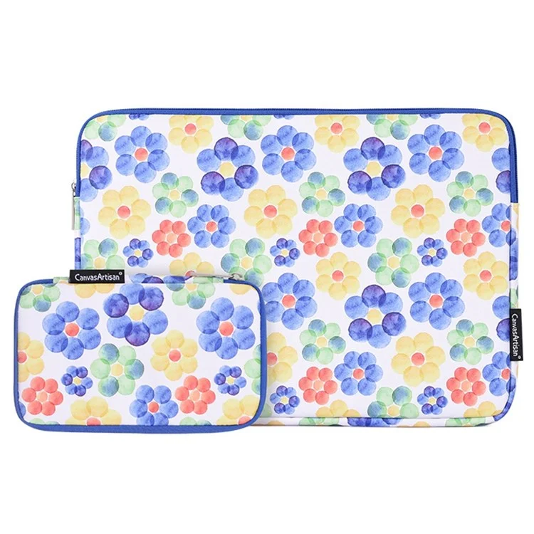CANVASARTISAN G51-T0121 2Pcs/Set 14-inch Notebook Carrying Bag with Small Bag Big Flower Watercolor Painting Ultra Thin PU Laptop Sleeve