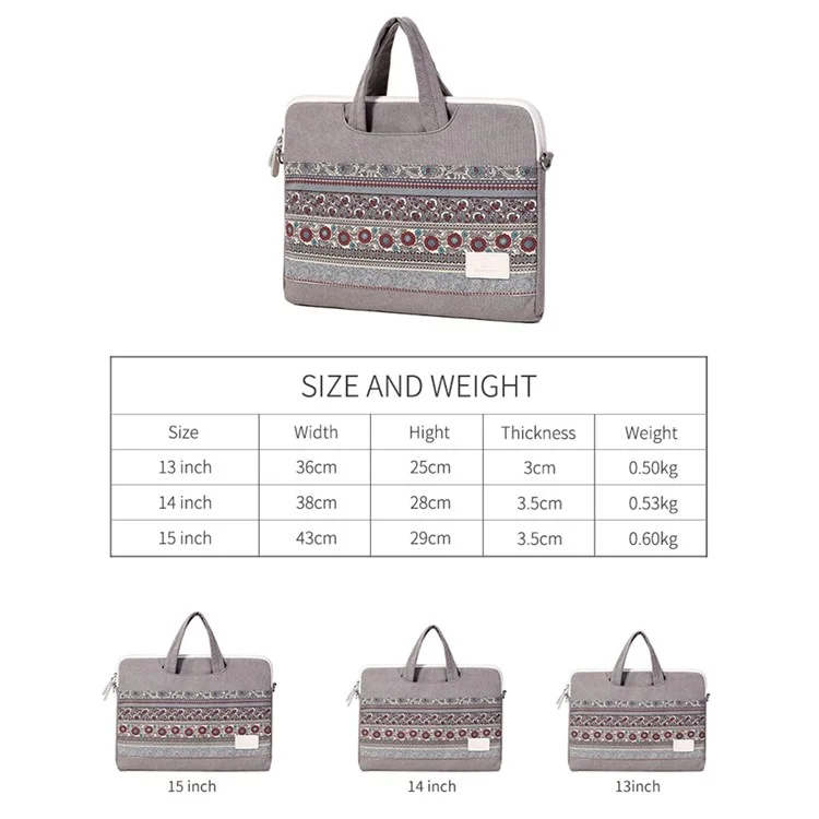 CANVASARTISAN T38-5 Laptop Bag 15-inch National Style Pattern Computer Canvas Fabric Briefcase Sleeve with Shoulder Strap
