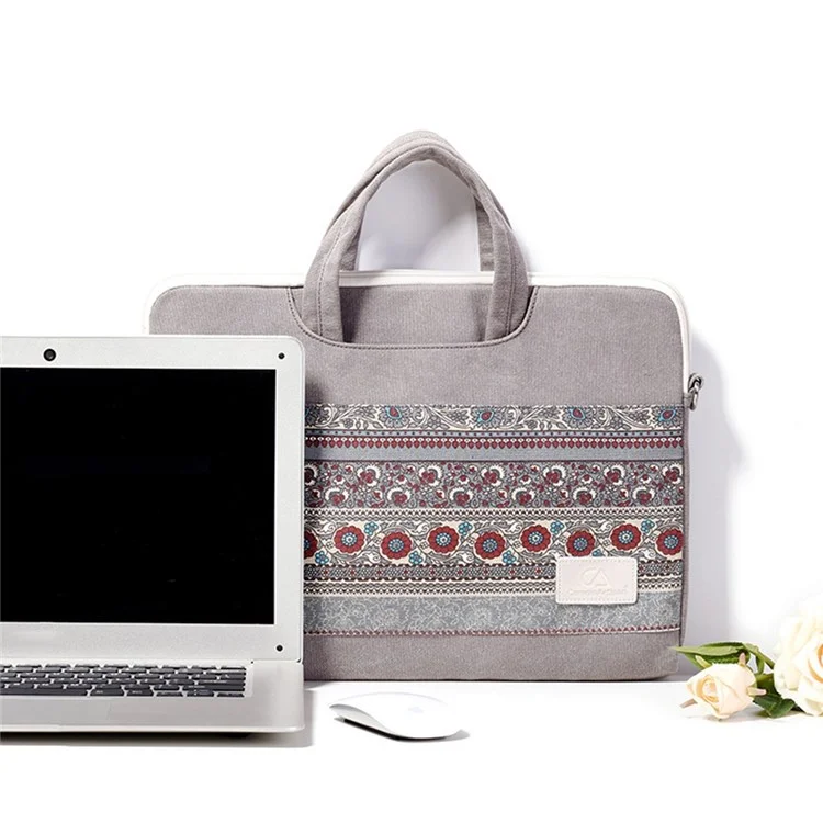 CANVASARTISAN T38-5 Laptop Bag 15-inch National Style Pattern Computer Canvas Fabric Briefcase Sleeve with Shoulder Strap
