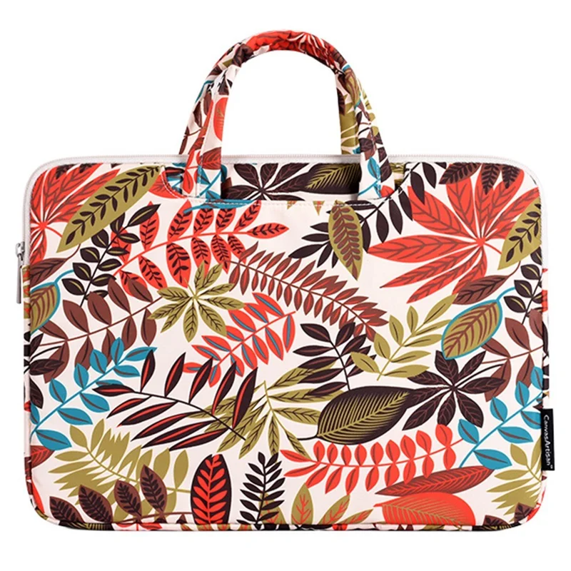 CANVASARTISAN H30-B01 Colorful Big Leaf Pattern 15-inch Zipper Laptop Bag Computer Notebook Carrying Pouch Handbag - Beige