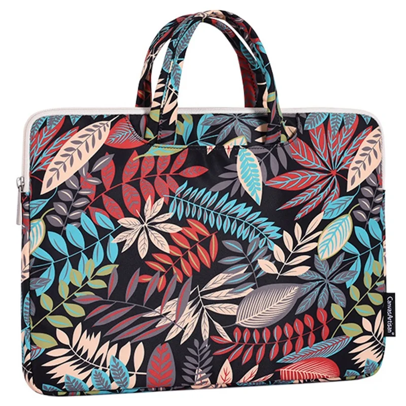 CANVASARTISAN H30-B01 Colorful Big Leaf Pattern 15-inch Zipper Laptop Bag Computer Notebook Carrying Pouch Handbag - Beige