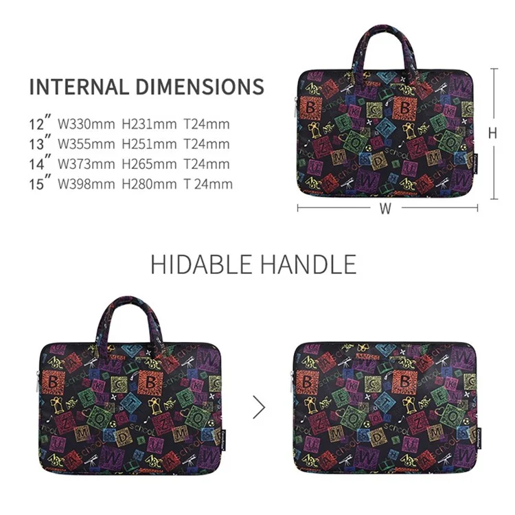 CANVASARTISAN H17-B01 for 14-inch Notebook Colorful Characters Patterned Polyester Handbag Cover Carrying Briefcase Shock-Proof Waterproof Handheld Laptop Handle Protective Sleeve Bag
