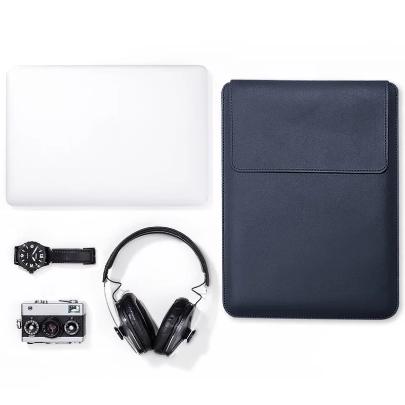For MacBook 13''/14'' Laptop Storage Bag Multifunction PU Leather Mouse Pad Notebook Computer Sleeve Pouch - Dark Blue