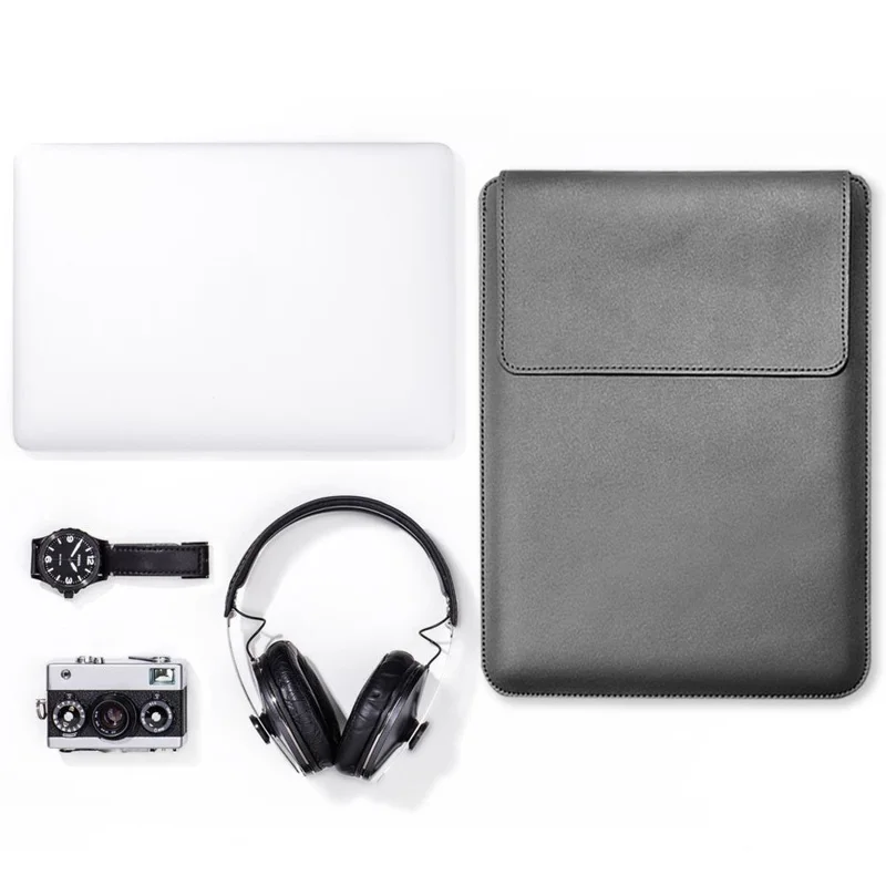 For 15''/15.6'' Laptop Storage Bag PU Leather Multifunction Mouse Pad Notebook Computer Sleeve Set - Grey