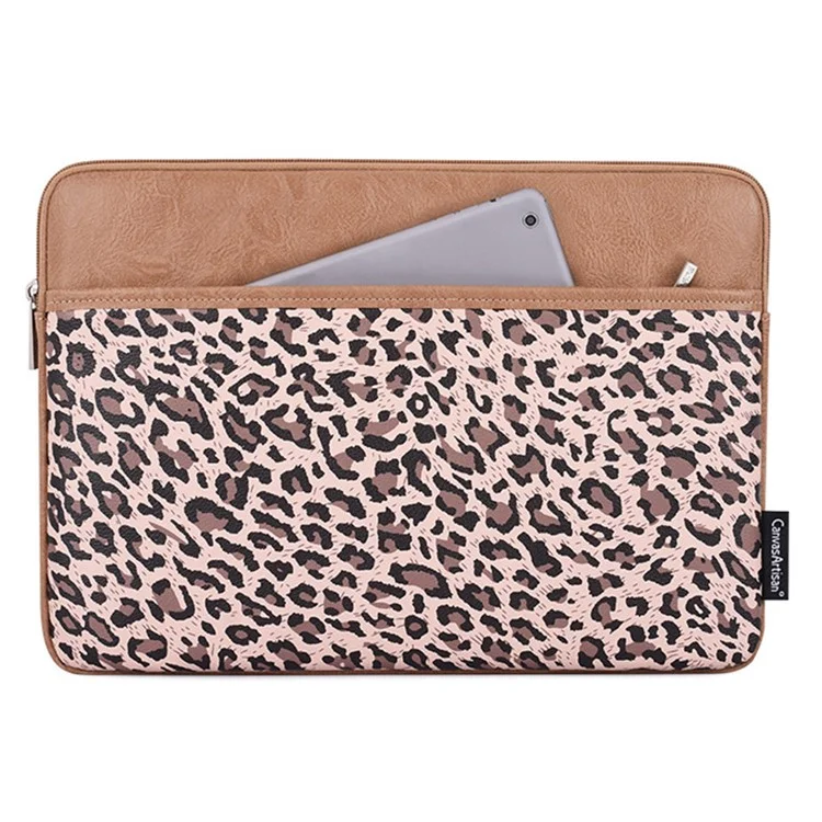 CANVASARTISAN G31-36 11-inch Laptop Soft Lining Carrying Bag Leopard Print PU Leather Notebook Protective Sleeve - Khaki