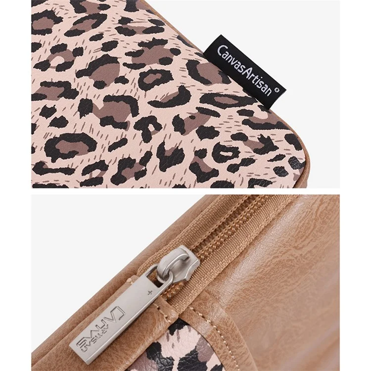 CANVASARTISAN G31-36 11-inch Laptop Soft Lining Carrying Bag Leopard Print PU Leather Notebook Protective Sleeve - Khaki