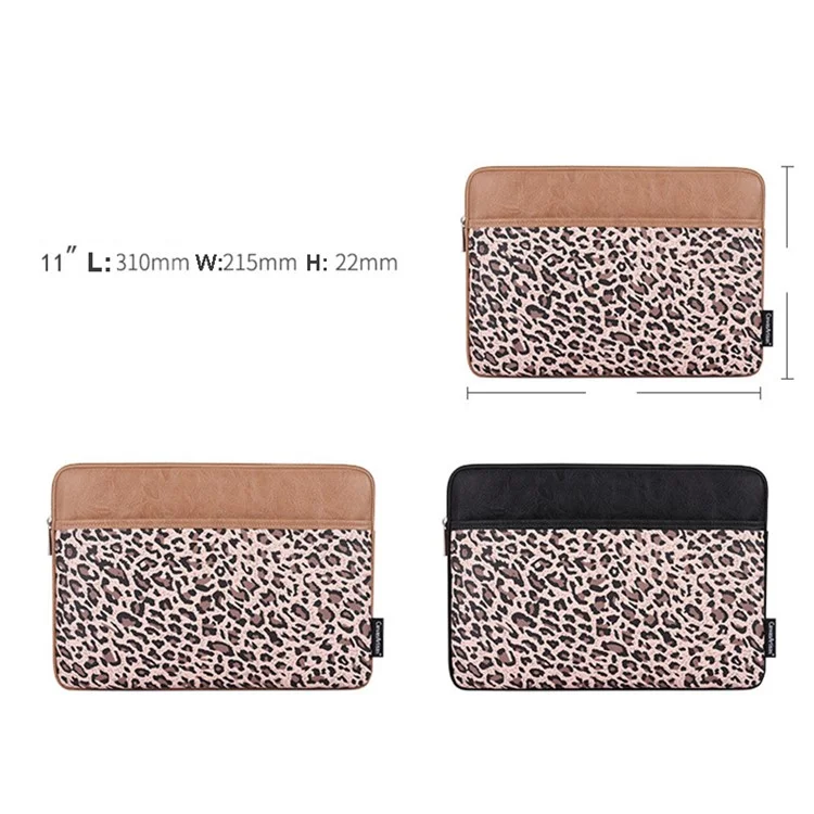 CANVASARTISAN G31-36 11-inch Laptop Soft Lining Carrying Bag Leopard Print PU Leather Notebook Protective Sleeve - Khaki