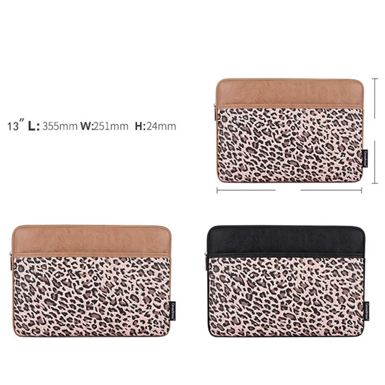 CANVASARTISAN G31-36 13-inch Laptop Leopard Print PU Leather Storage Bag Notebook Protective Sleeve - Khaki