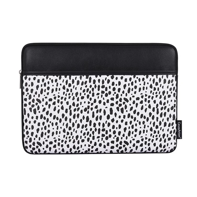 CANVASARTISAN G36-36 15-inch Laptop Portable Zipper Bag with Front Pocket PU Leather Black Spotted Notebook Protective Sleeve