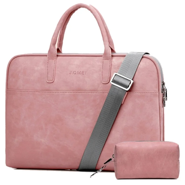 J.QMEI 933# 13'' Notebook Computer Protective Sleeve Laptop Handbag Zipper Bag with Small Bag and Shoulder Stap, Upgrade Version - Pink