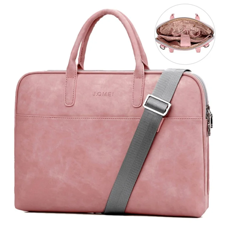 j. Qmei 933# 14 '' Plaptop Handbag a Prueba de Arañazos PU Cuero Notebook Bolso Con Cremallera Con Estribo de Hombro, Versión de Actualización - Rosado