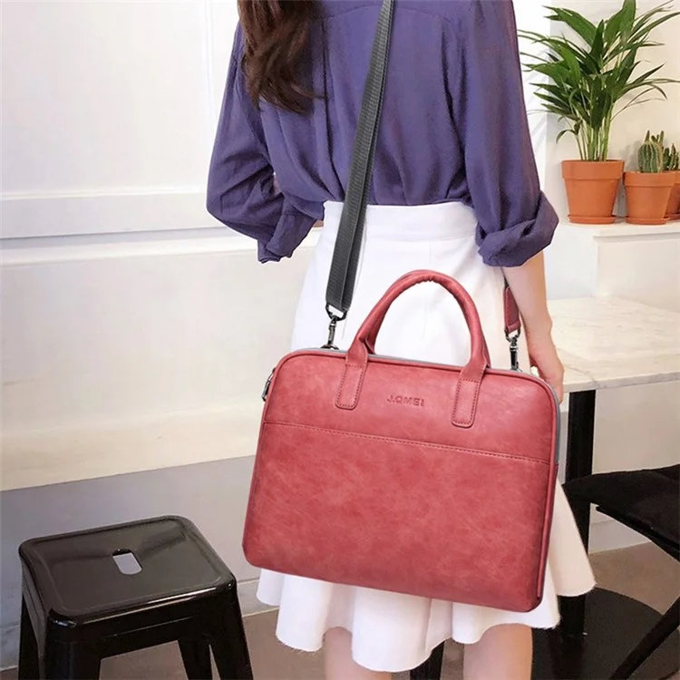 j. Qmei 933# 14 '' Plaptop Handbag a Prueba de Arañazos PU Cuero Notebook Bolso Con Cremallera Con Estribo de Hombro, Versión de Actualización - Rosado