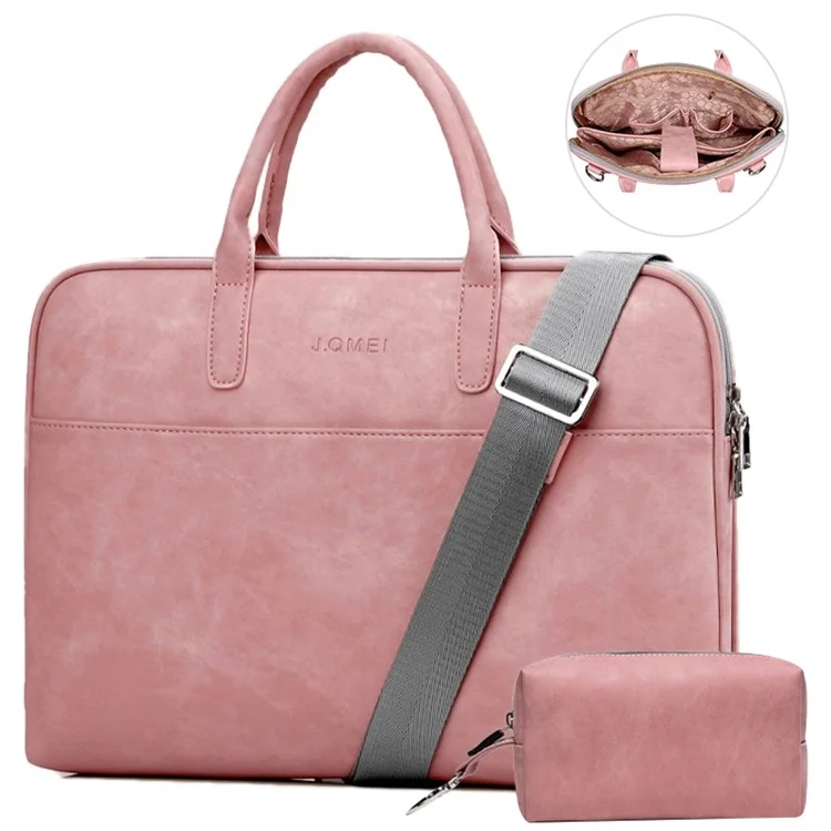 J.QMEI 933# 15.6'' Notebook Computer PU Leather Laptop Handbag Zipper Shoulder Bag + Small Bag, Upgrade Version - Pink