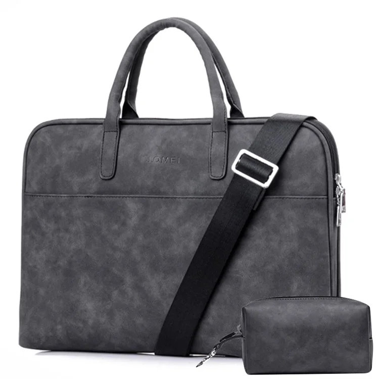 J.QMEI 933# 14'' Laptop Handbag Splash-repellent Notebook Computer Sleeve Bag with Small Bag and Shoulder Stap, Velvet Lining - Black