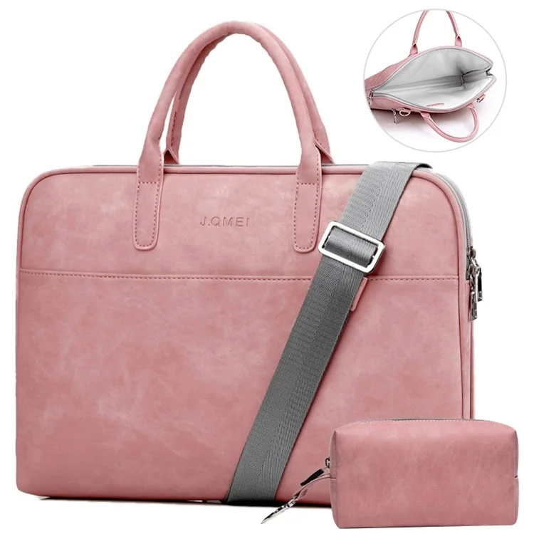 J.QMEI 933# 15.6'' Laptop Handbag Zipper Closure Notebook Computer Carrying Bag with Small Bag and Shoulder Stap, Velvet Lining - Pink