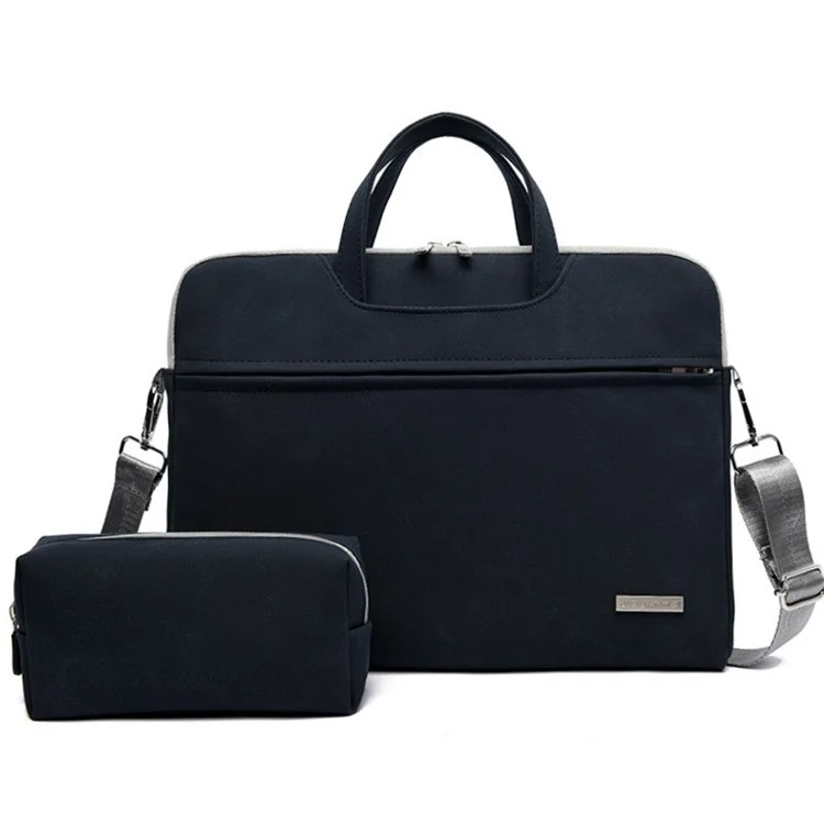 J.QMEI 933# 15.6 Inch Laptop Shoulder Bag Handbag Matte PU Leather Surface Protection Sleeve Zipper Notebook Computer Bag with Power Adapter Storage Pouch - Dark Blue