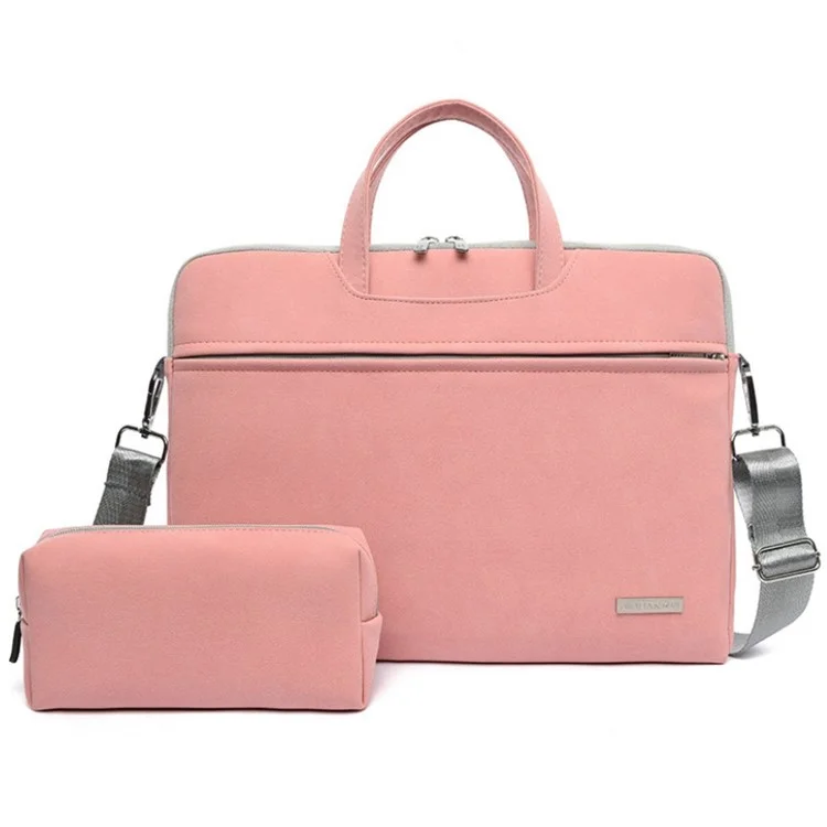 J.QMEI 933# 14 Inch Notebook Computer Handbag Matte PU Leather Surface Protection Sleeve Zipper Laptop Bag with Power Adapter Storage Pouch - Pink