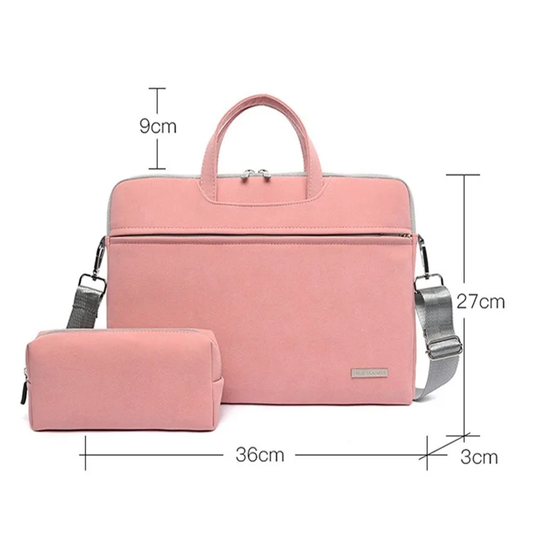 J.QMEI 933# 14 Inch Notebook Computer Handbag Matte PU Leather Surface Protection Sleeve Zipper Laptop Bag with Power Adapter Storage Pouch - Pink