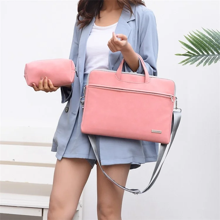 J.QMEI 933# 14 Inch Notebook Computer Handbag Matte PU Leather Surface Protection Sleeve Zipper Laptop Bag with Power Adapter Storage Pouch - Pink