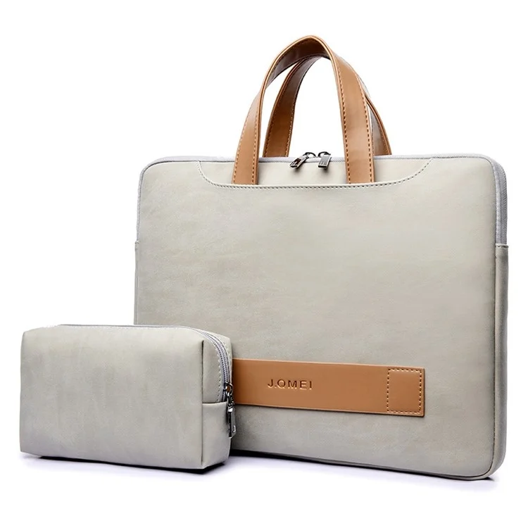J.QMEI 951# 13.3 / 14-inch Splash-proof PU Leather Laptop Handbag Smooth Zipper Protective Bag with Small Bag - Grey