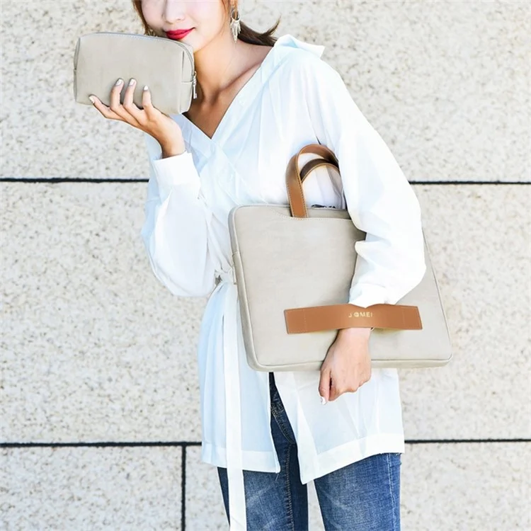 J.QMEI 951# 13.3 / 14-inch Splash-proof PU Leather Laptop Handbag Smooth Zipper Protective Bag with Small Bag - Grey