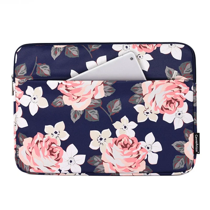 CANVASARTISAN H40-11 Shockproof Carrying Case for 14-inch Laptops Portable Storage Bag Rose Pattern Printed Sleeve Bag with Outer Pouch - Blue