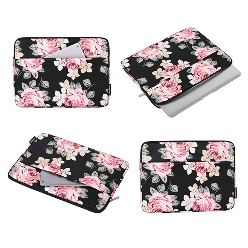CANVASARTISAN H40-11 Shockproof Carrying Case for 14-inch Laptops Portable Storage Bag Rose Pattern Printed Sleeve Bag with Outer Pouch - Blue