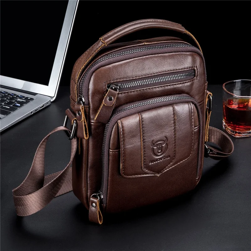 BULLCAPTAIN 777 Top-Layer Cowhide Leather Retro Handbag Zipper Pocket Shoulder Bag Wallet Purse Clutch - Brown