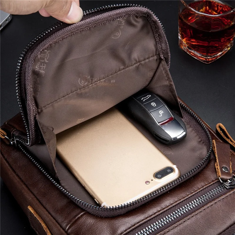 BULLCAPTAIN 777 Top-Layer Cowhide Leather Retro Handbag Zipper Pocket Shoulder Bag Wallet Purse Clutch - Brown