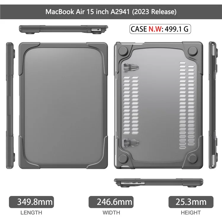 Laptop Case for Macbook Air 15 inch (2023) M2 A2941 / (2024) A3114 M3 Stand Design Notebook Anti-Scratch Hard PC Cover - Grey