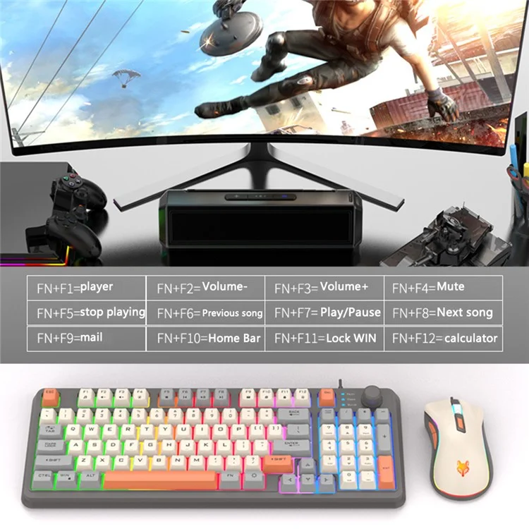 Teclado con cable XUNFOX K820 de 94 teclas, teclado con color mixto fresco, conjunto con ratón de 6 botones (teclado de película fina) - Luz tenue