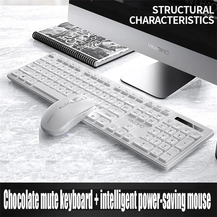 YINDIAO V3Max 2.4G Wireless Smart Sleep Office Keyboard Mouse Set for Computer Laptop - White