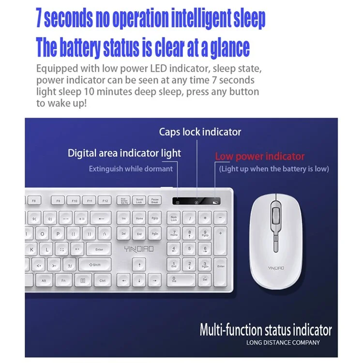 YINDIAO V3Max 2.4G Wireless Smart Sleep Office Keyboard Mouse Set for Computer Laptop - White