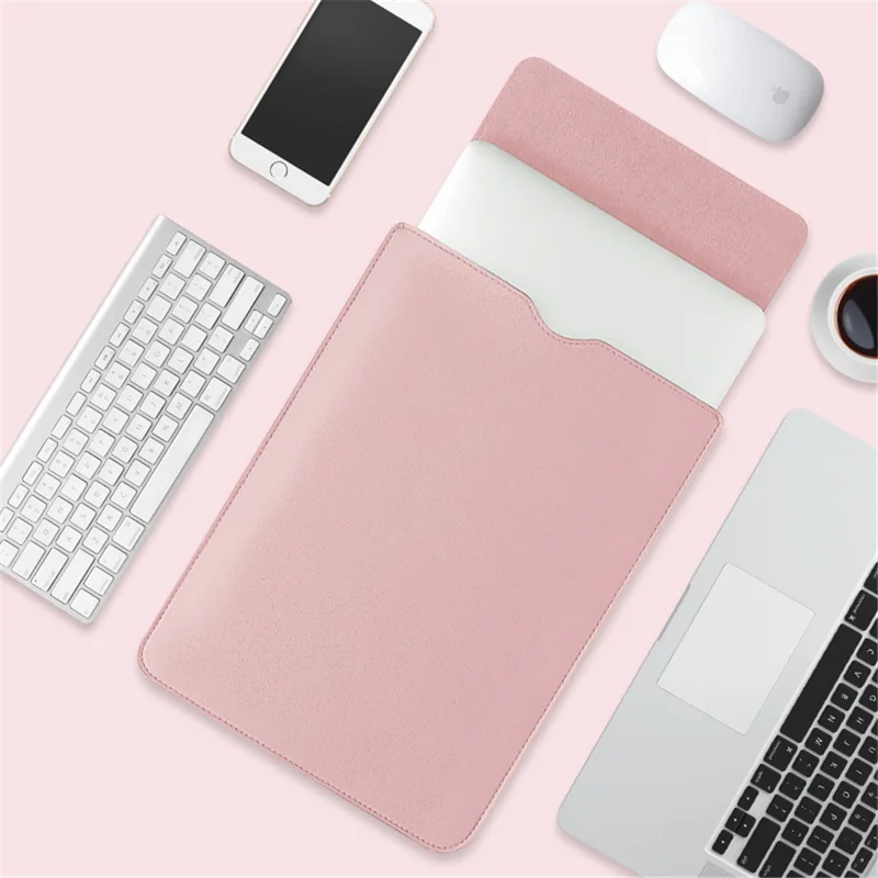 14-inch Waterproof PU Leather Laptop Bag Shockproof Notebook Carrying Pouch - Pink