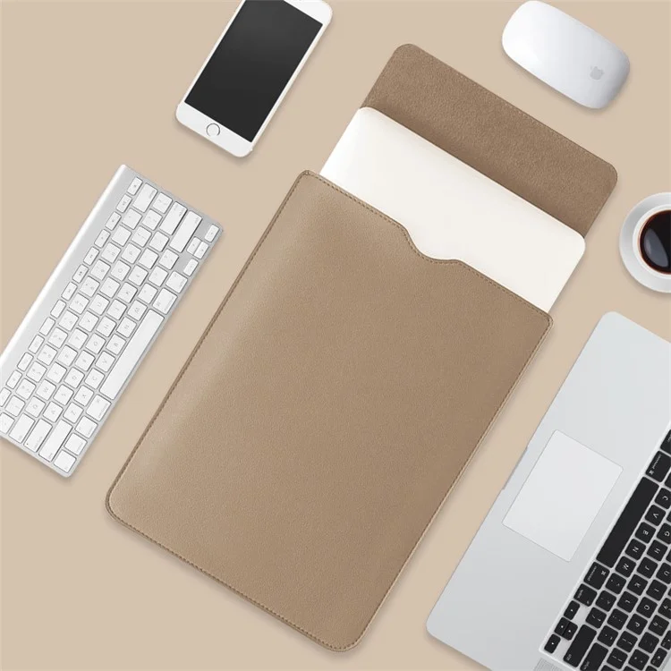 15-inch Ultra Thin Waterproof Laptop Bag Notebook PU Leather Carrying Pouch - Khaki