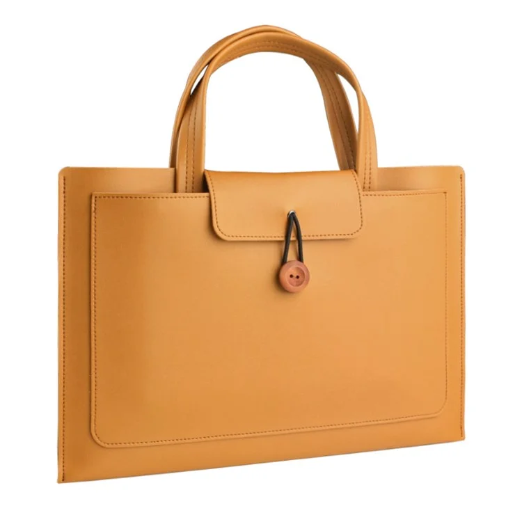 Bolso de mano para portátil de 14 pulgadas con hebilla de madera PU Leather Notebook Carrying Bag - Marrón