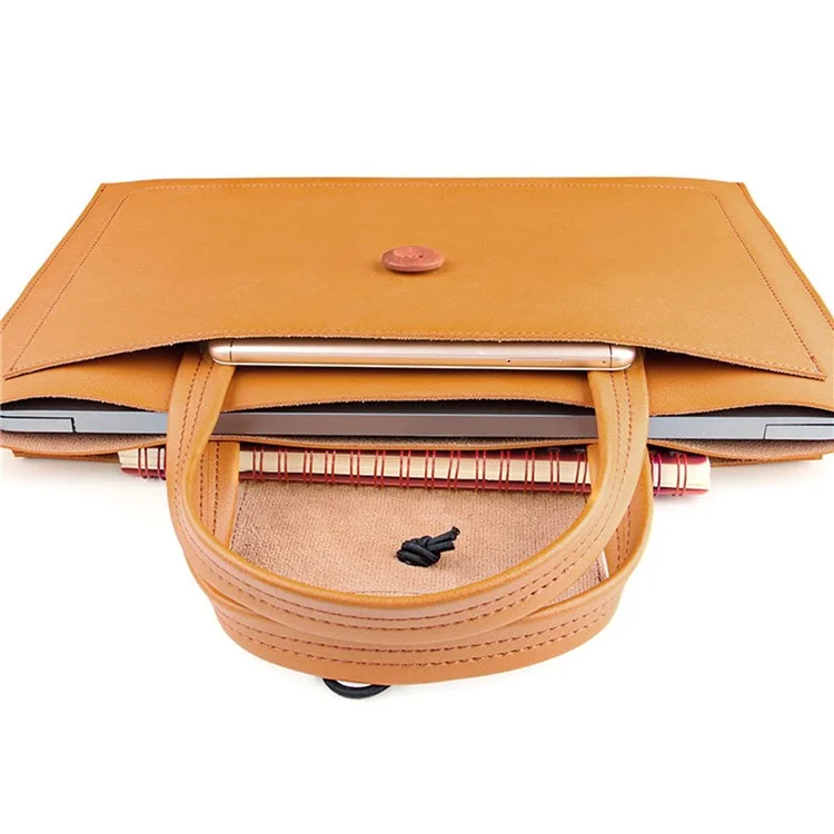 Bolso de mano para portátil de 14 pulgadas con hebilla de madera PU Leather Notebook Carrying Bag - Marrón