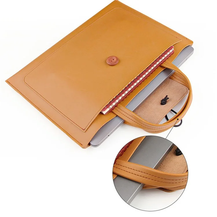 Bolso de mano para portátil de 14 pulgadas con hebilla de madera PU Leather Notebook Carrying Bag - Marrón