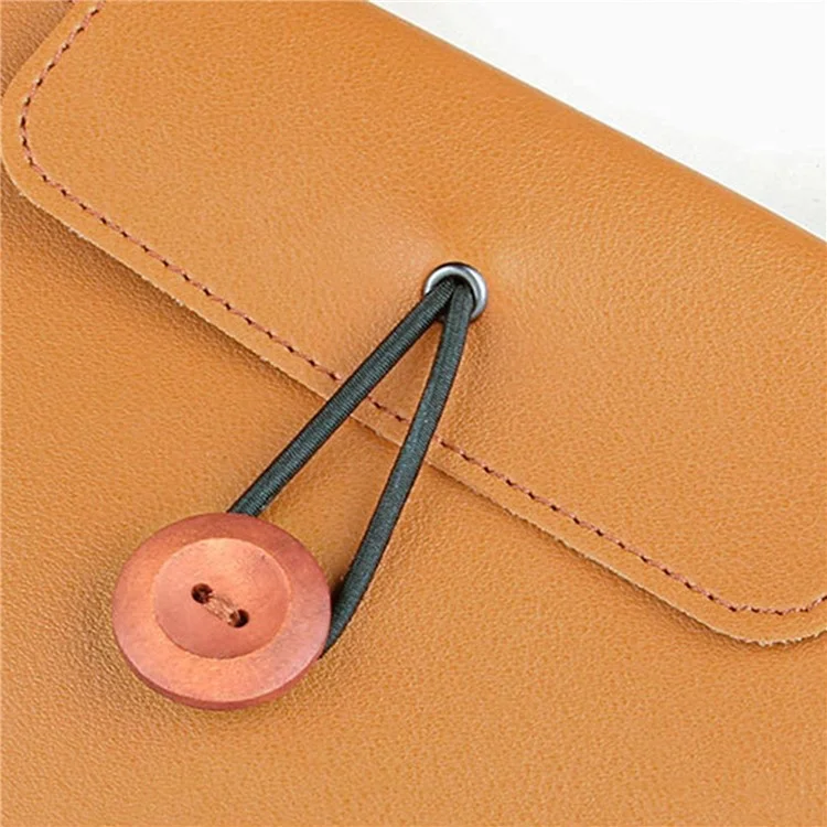 Bolso de mano para portátil de 14 pulgadas con hebilla de madera PU Leather Notebook Carrying Bag - Marrón