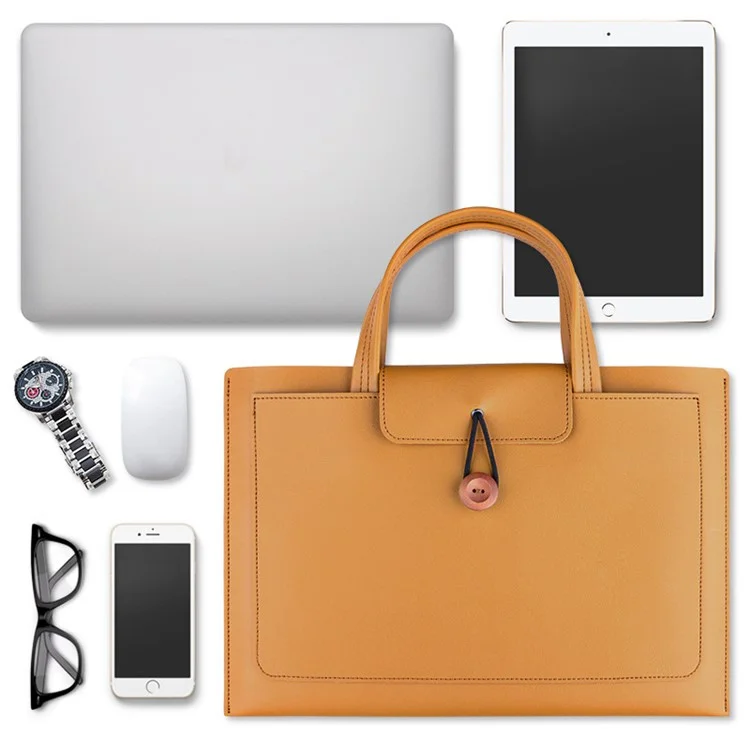 Bolso de mano para portátil de 14 pulgadas con hebilla de madera PU Leather Notebook Carrying Bag - Marrón