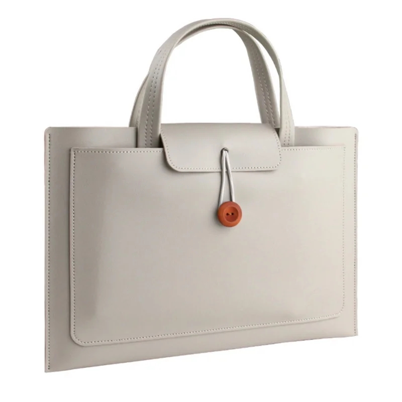 16-inch PU Leather Laptop Handbag Wooden Buckle Anti-scratch Notebook Bag - Light Grey
