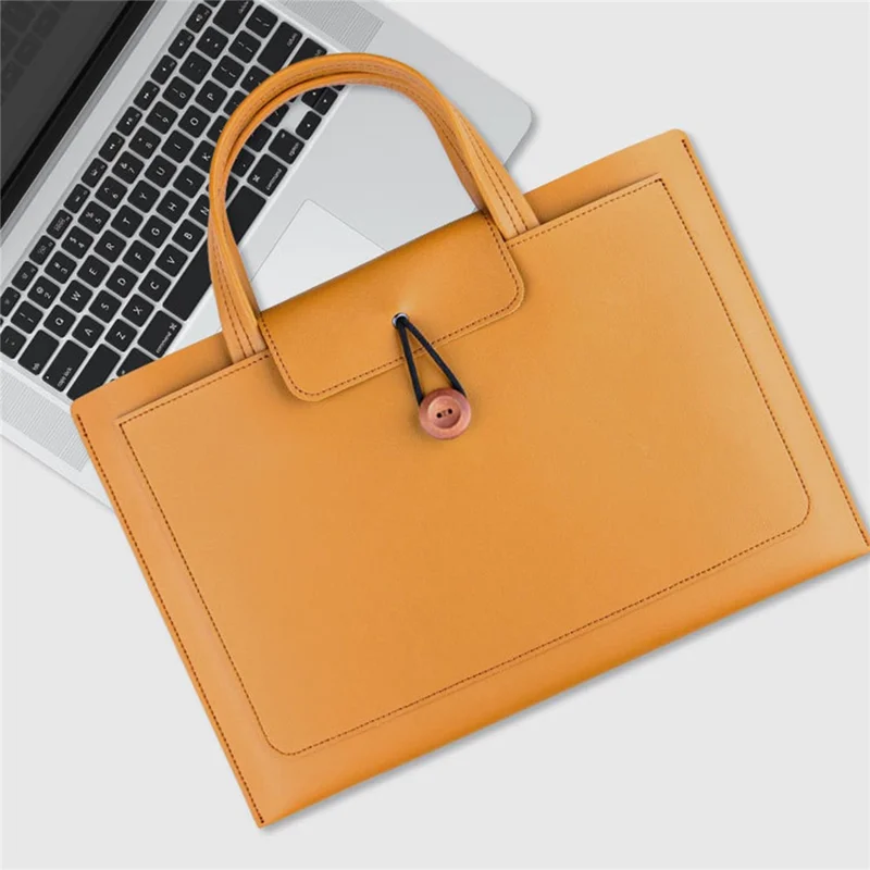 16-inch PU Leather Laptop Handbag Wooden Buckle Anti-scratch Notebook Bag - Light Grey