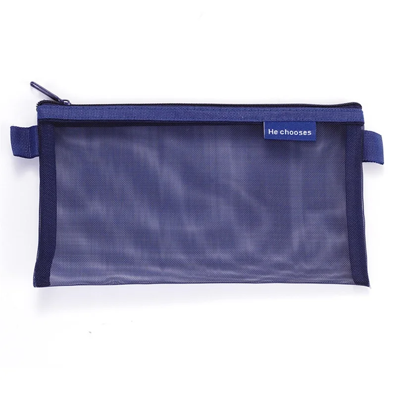 HE CHOOSES D033 Nylon Mesh Pencil Case Stationery Bag School Supplies, Size S - Dark Blue