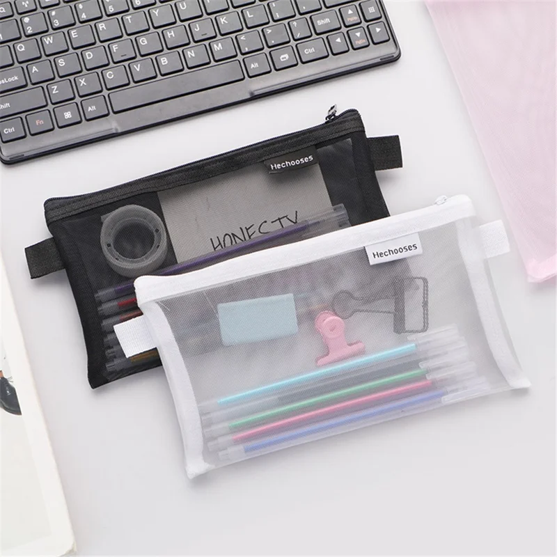 HE CHOOSES D033 Nylon Mesh Pencil Case Stationery Bag School Supplies, Size S - Pink