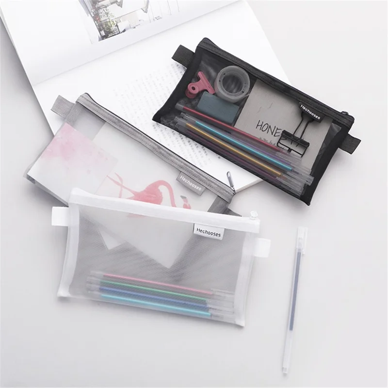 HE CHOOSES D033 Nylon Mesh Pencil Case Stationery Bag School Supplies, Size S - Grey