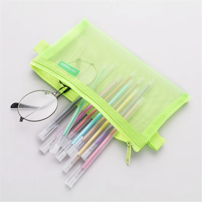 HE CHOOSES D033 Nylon Mesh Pencil Case Stationery Bag School Supplies, Size S - Grey